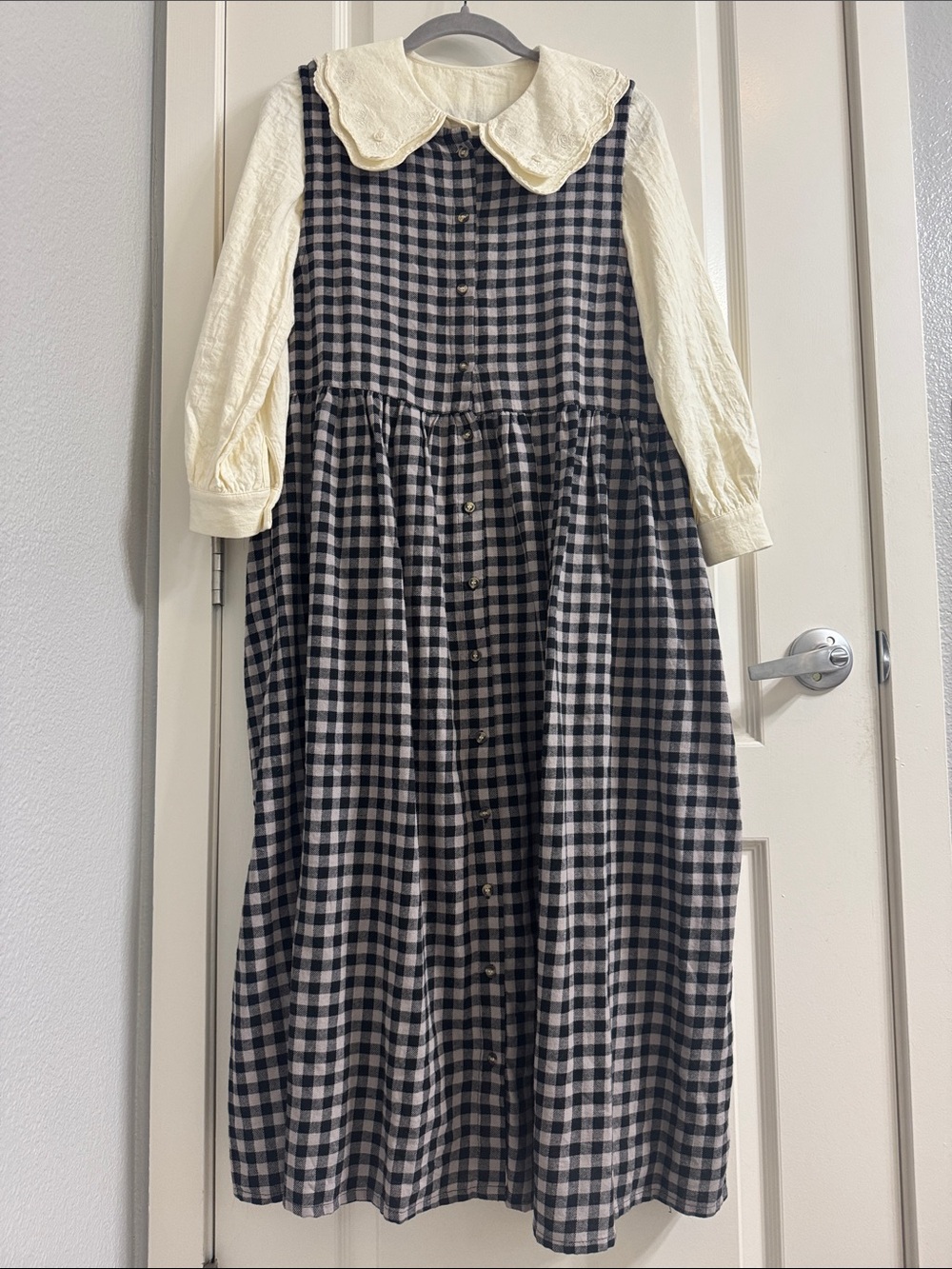 Cream Collar Black & White Gingham Button-Front Women’s Dress